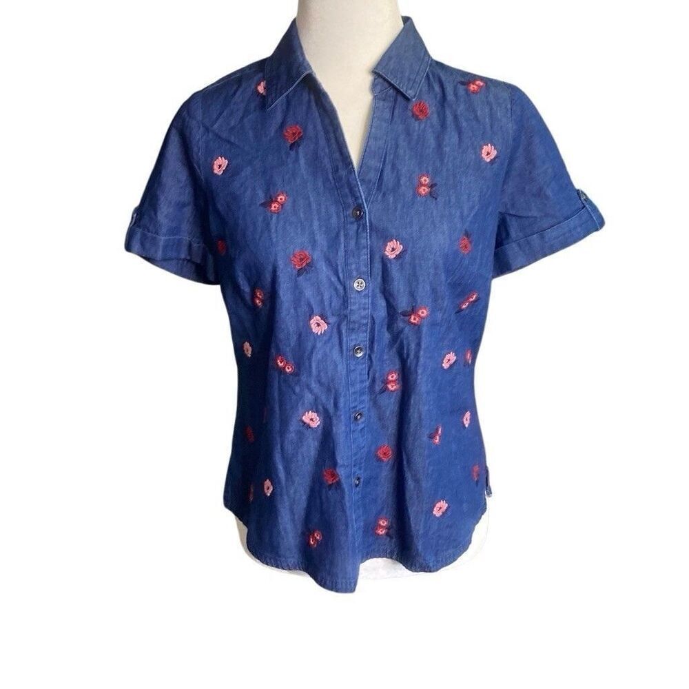 Karen Scott Women Short Sleeve Button Up Embroidered Chambray Denim Top Sz PS
